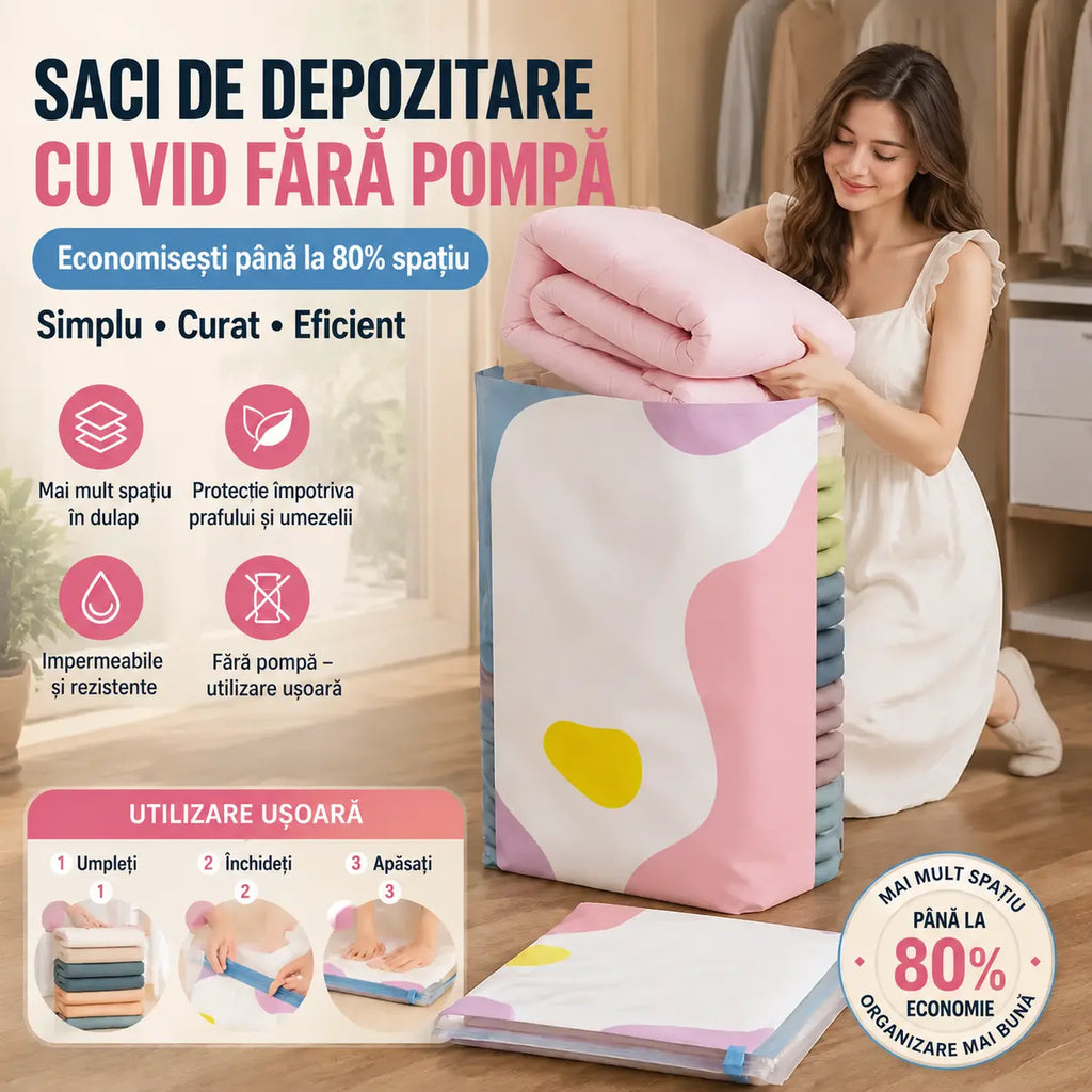 🧳【Set de 5 piese】💨 Pungă mare de depozitare sub vid, compresibilă: nu necesită pompă, este etanșă și ideală pentru a economisi spațiu în valize și acasă ✈️