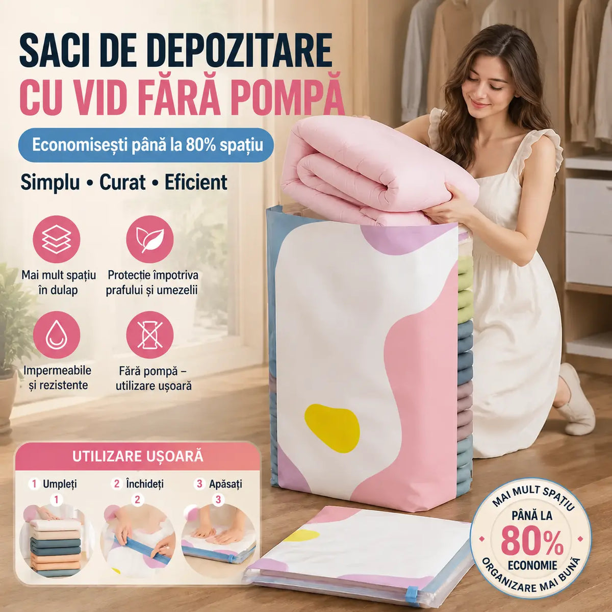 🧳【Set de 5 piese】💨 Pungă mare de depozitare sub vid, compresibilă: nu necesită pompă, este etanșă și ideală pentru a economisi spațiu în valize și acasă ✈️