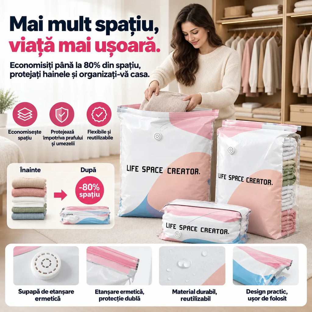 🧳【Set de 5 bucăți】💨 Saci de vidat mari pentru comprimare: Nu necesită pompă, sunt etanși și ideali pentru economisirea spațiului în valize și acasă ✈️