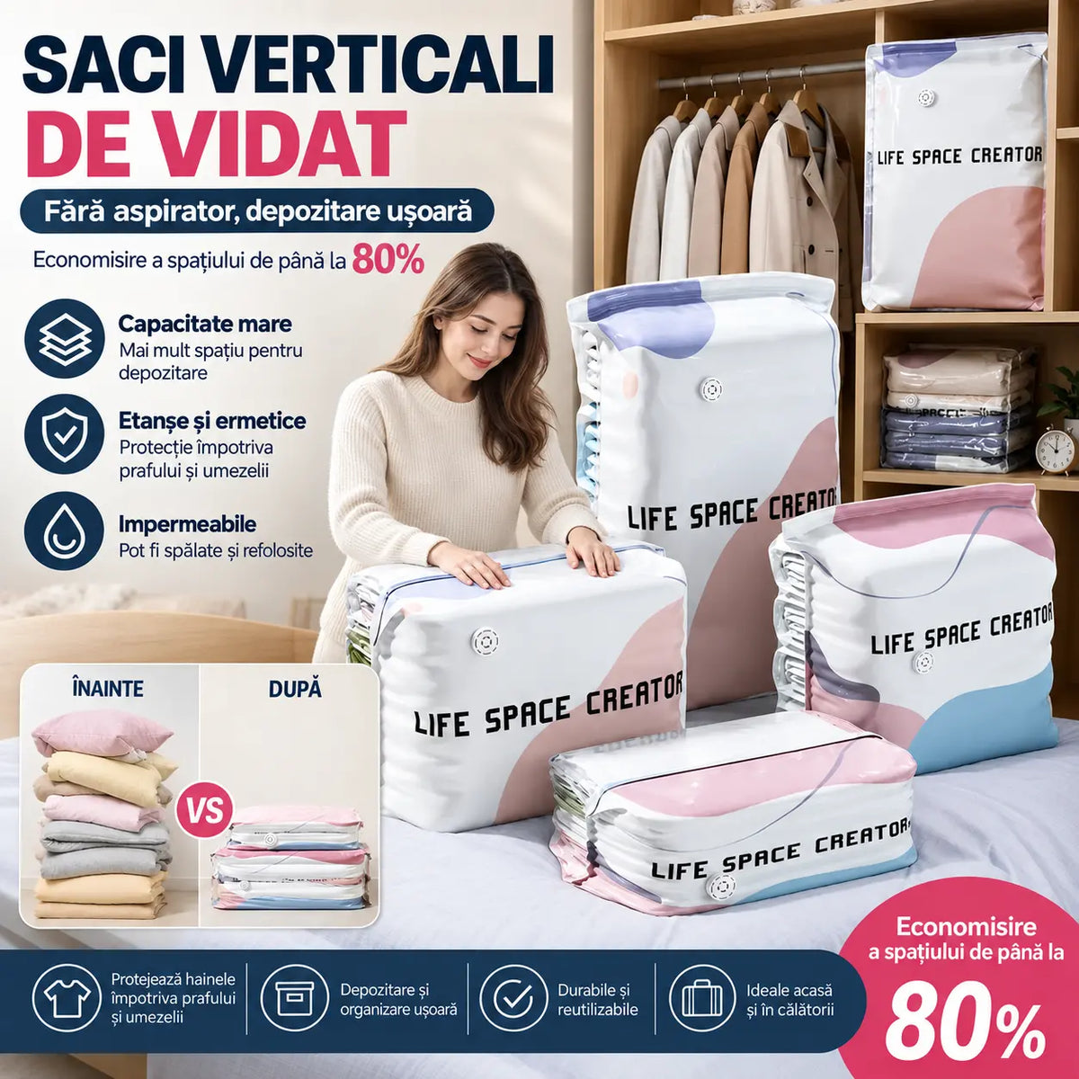 🧳【Set de 5 bucăți】💨 Saci de vidat mari pentru comprimare: Nu necesită pompă, sunt etanși și ideali pentru economisirea spațiului în valize și acasă ✈️